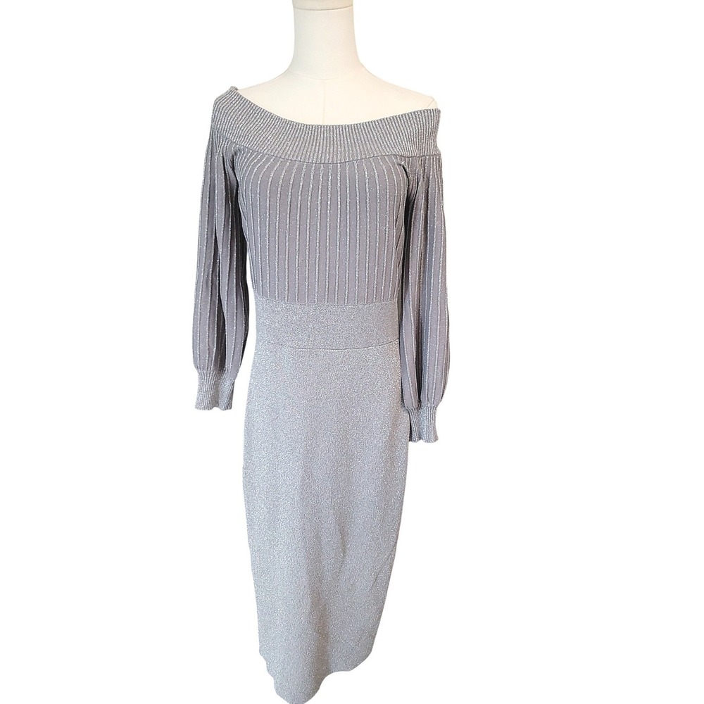 NY&C Silver Metallic‎ Off The Shoulder Ribbed Long Sleeve Midi Dress Large